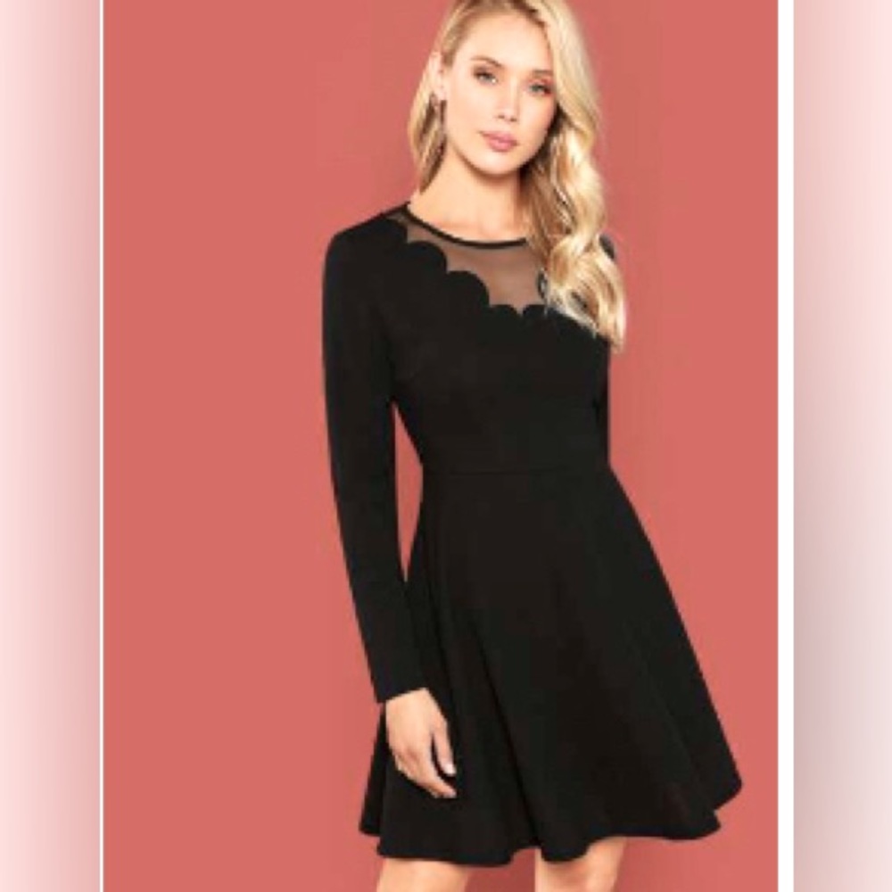 Mesh Panel Scallop Edge Long Sleeve
